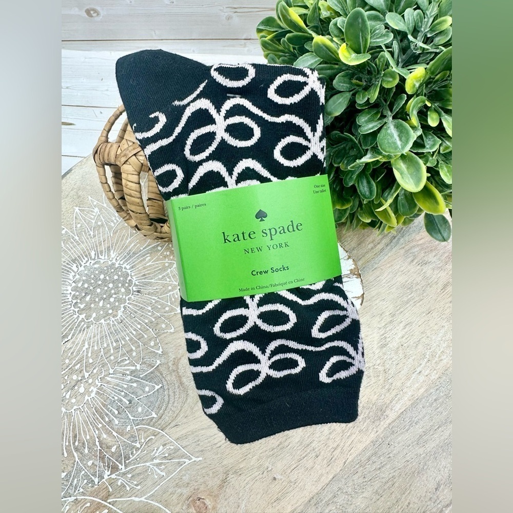 Kate Spade New York Womens Crew Socks 3 Pair Pack Black Pink White Bows NWT OS